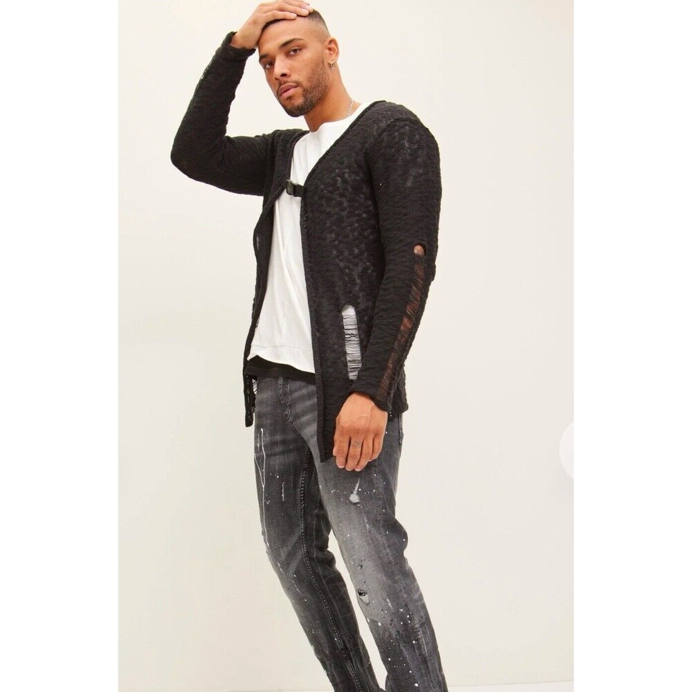 Ron Tomson Men’s Buckled Distressed Long Cardigan In Black Sz S/M New